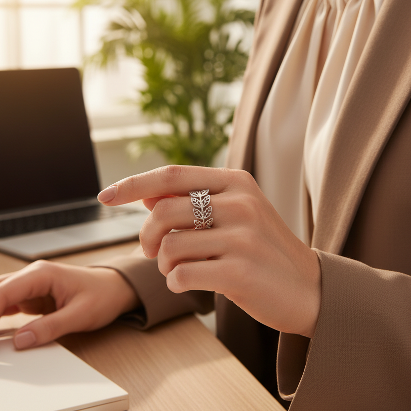 Person wearing a ring with a blurred background of a laptop and plant