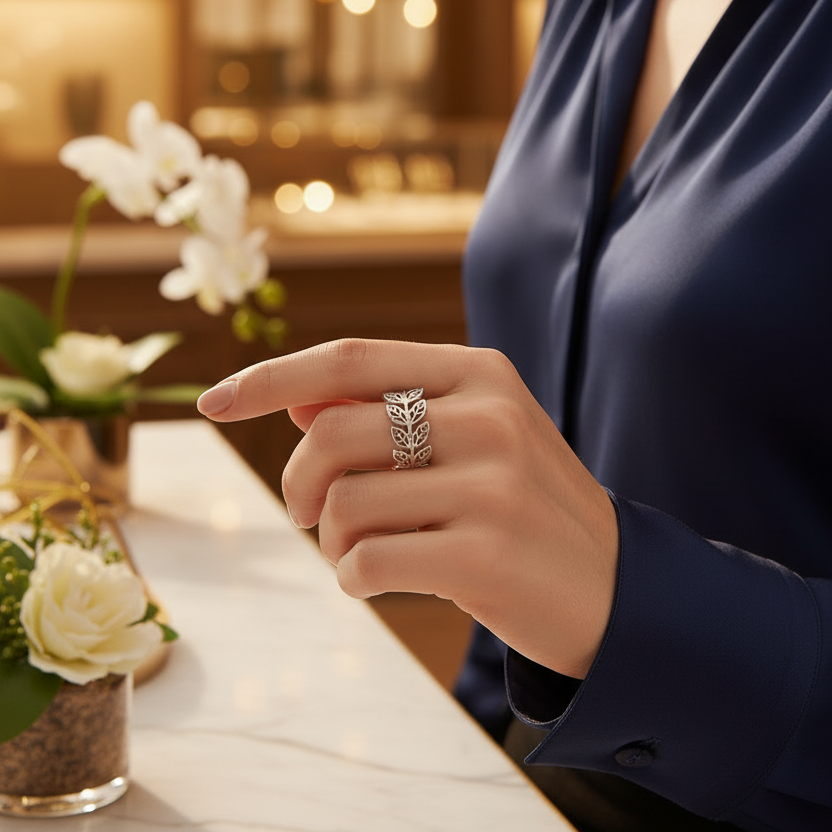 Person wearing a ring with a blurred background of lights and flowers