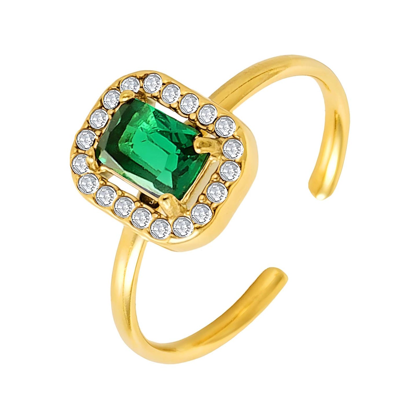Gold ring with a green gemstone and clear stones on a white background