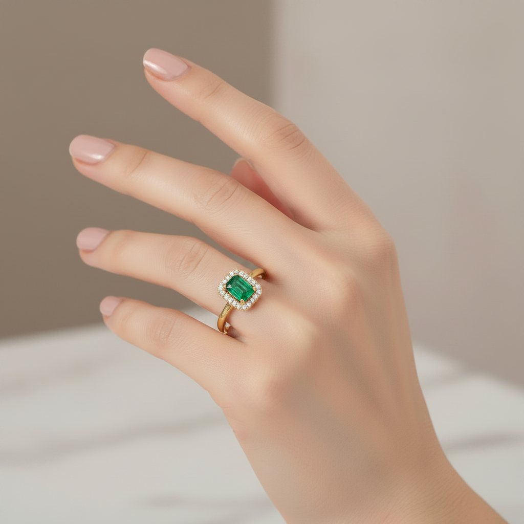 Hand wearing a gold ring with an emerald and diamond center stone against a neutral background