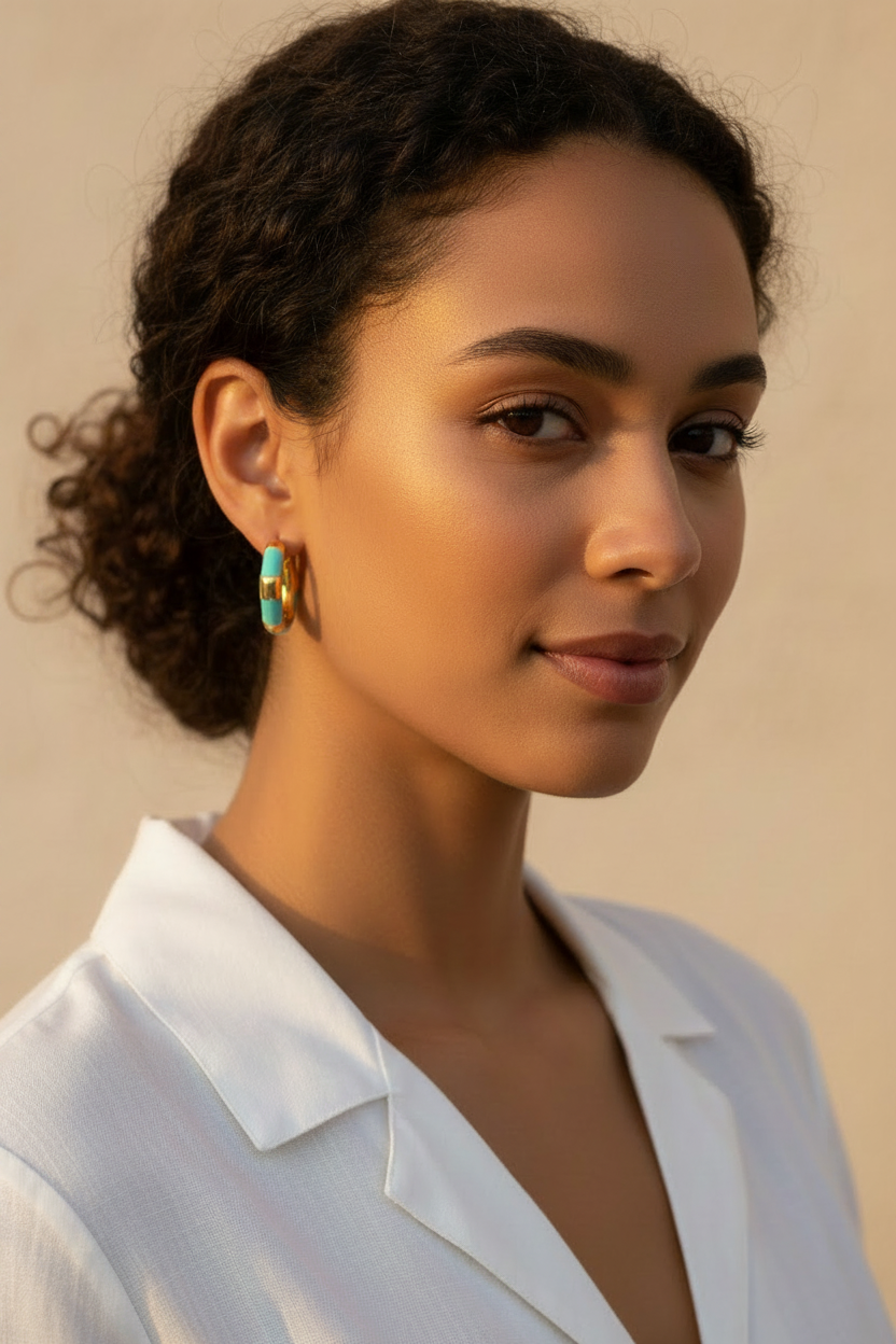 Woman wearing a white shirt with a neutral background