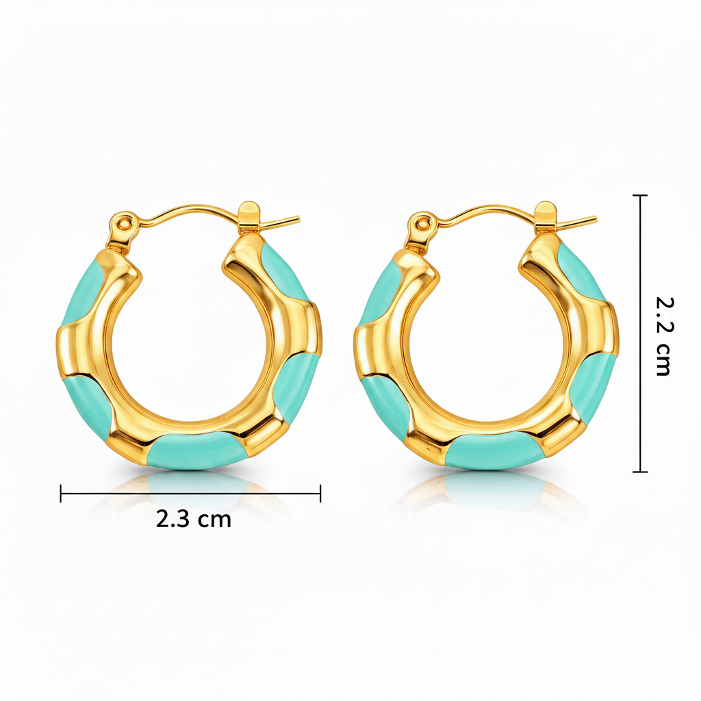 Gold hoop earrings with turquoise accents and measurements on a white background