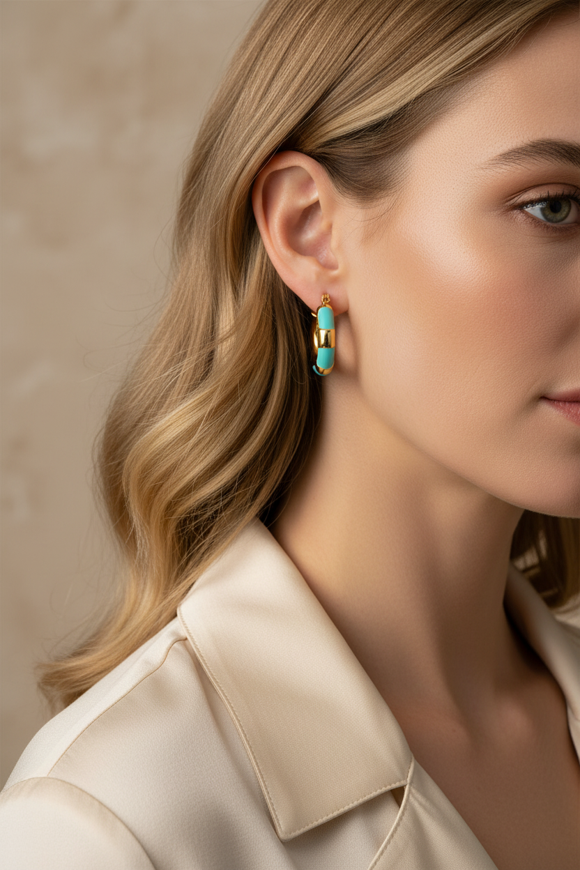 Close-up of a woman wearing turquoise earrings with a neutral background