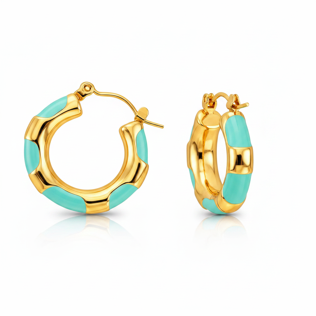 Gold hoop earrings with turquoise enamel on a white background