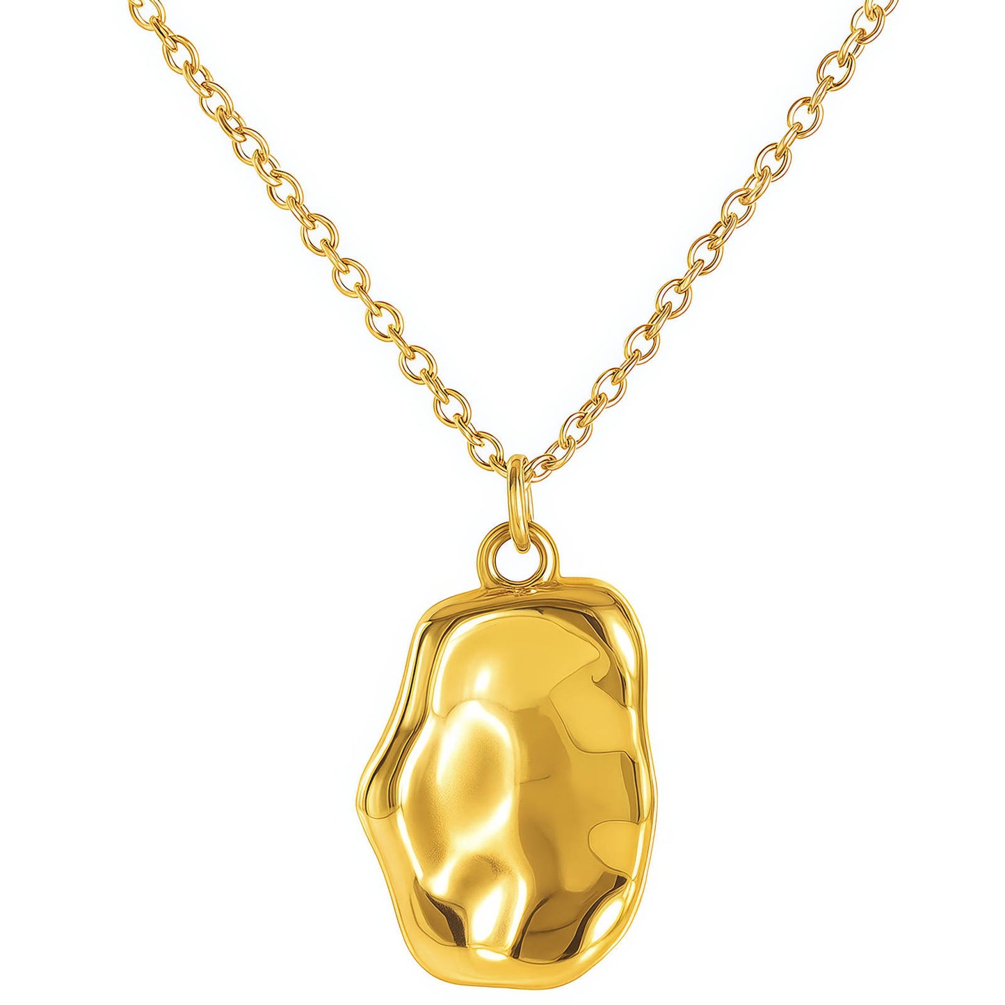 Gold necklace with a unique pendant on a white background