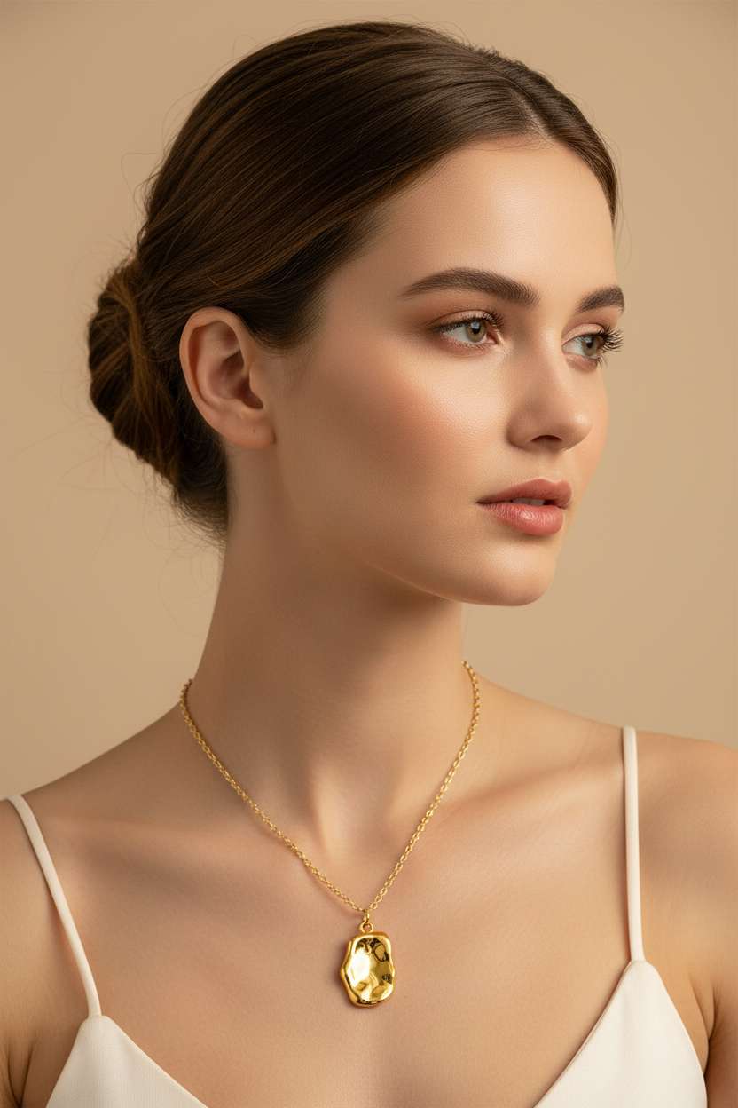 Woman wearing a gold necklace against a beige background