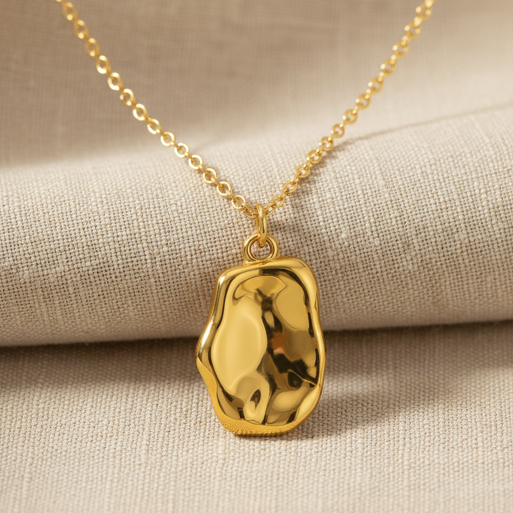Gold necklace with a unique pendant on a beige fabric background