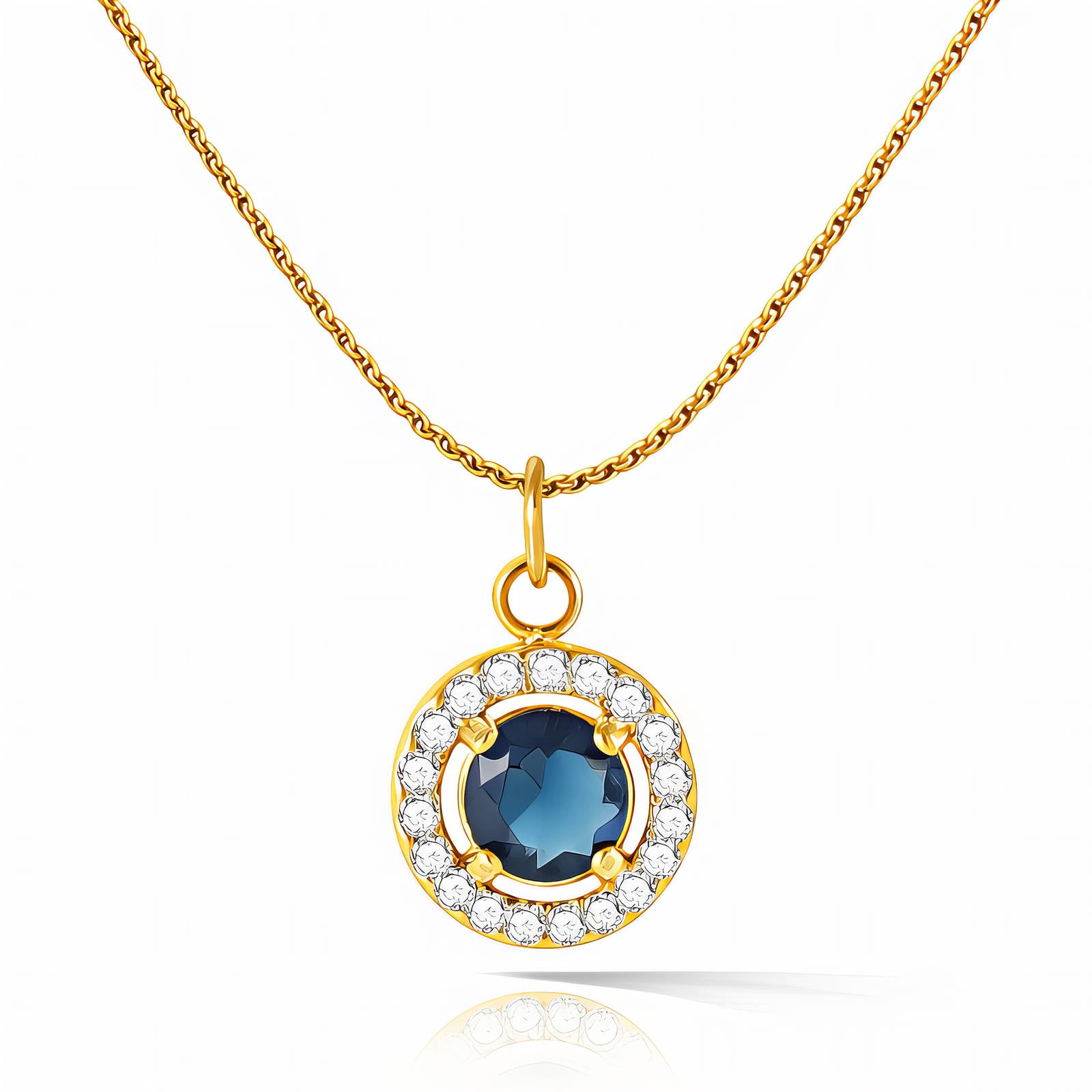 18k Gold plated water proof necklace with a blue gemstone pendant on a white background