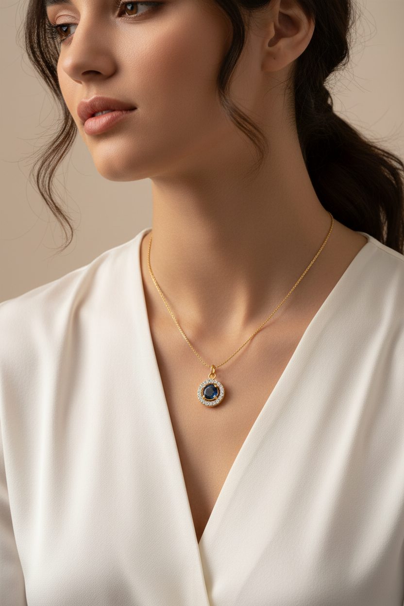 Woman wearing a 18k gold plated necklace with a blue gemstone pendant against a neutral background