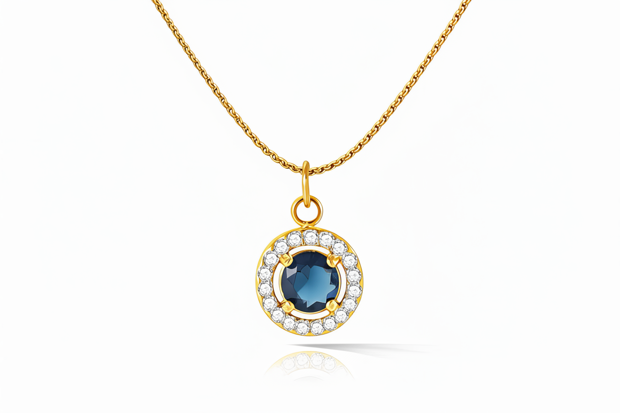 anti tarnish 18k Gold plated necklace with a blue gemstone pendant on a white background