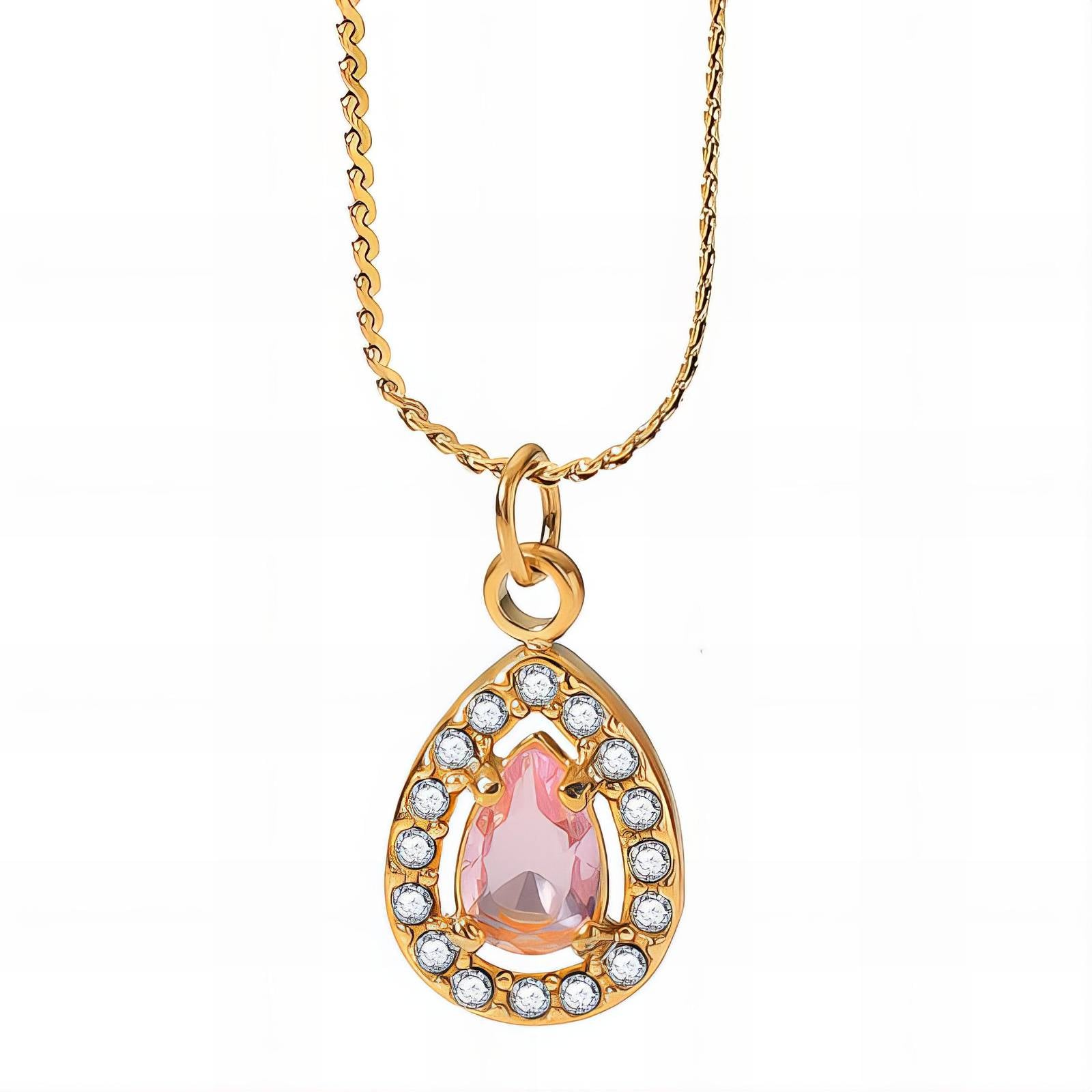 water proof 18k Gold plated necklace with a pink teardrop pendant on a white background