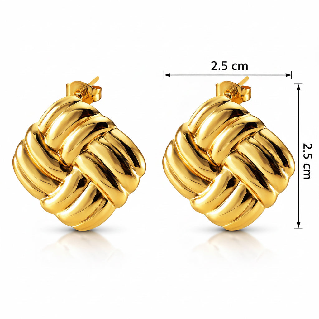 Pair of gold knot earrings on a white background