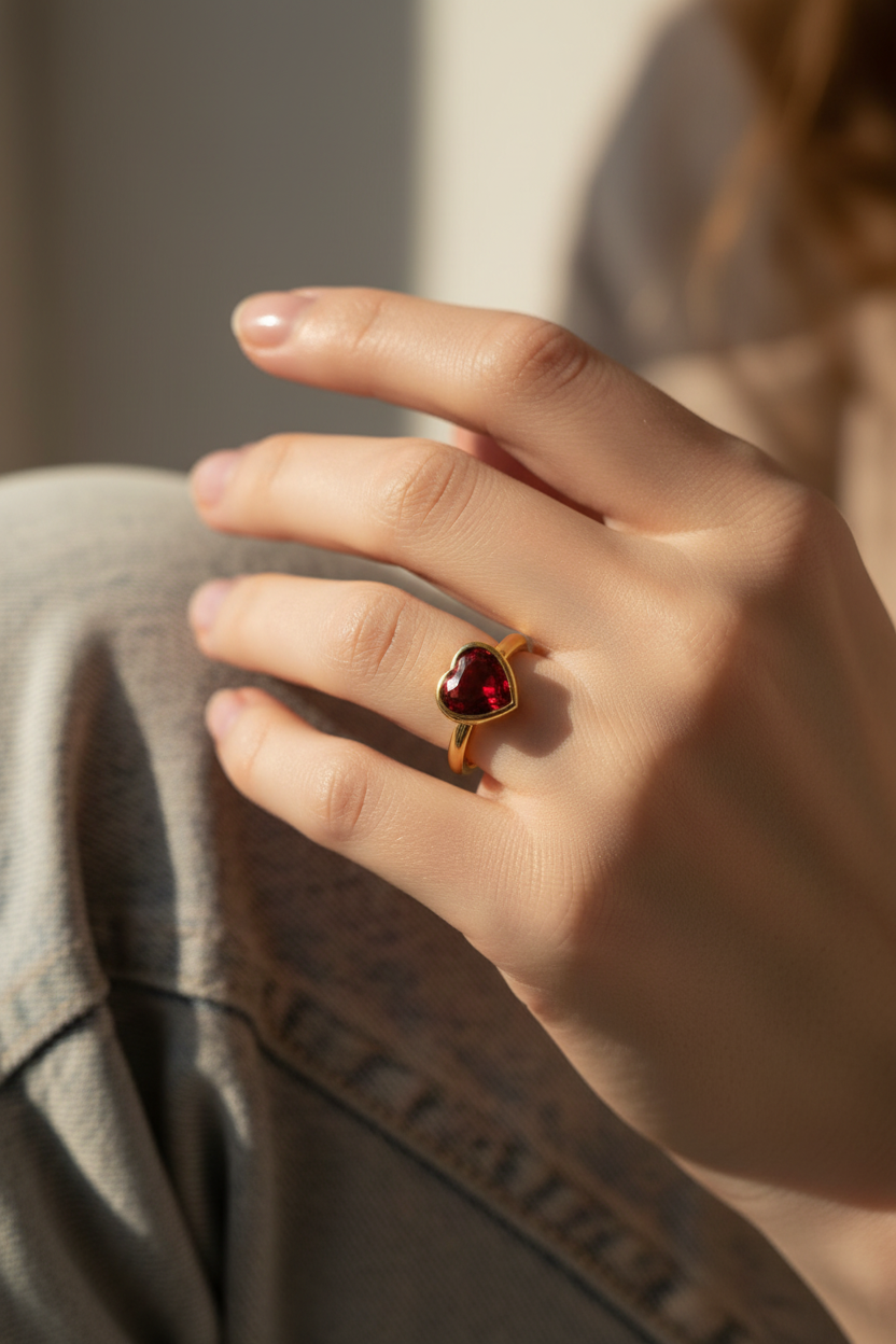 Ruby Red Heart CZ Bezel Solitaire Ring 18K Gold Plated