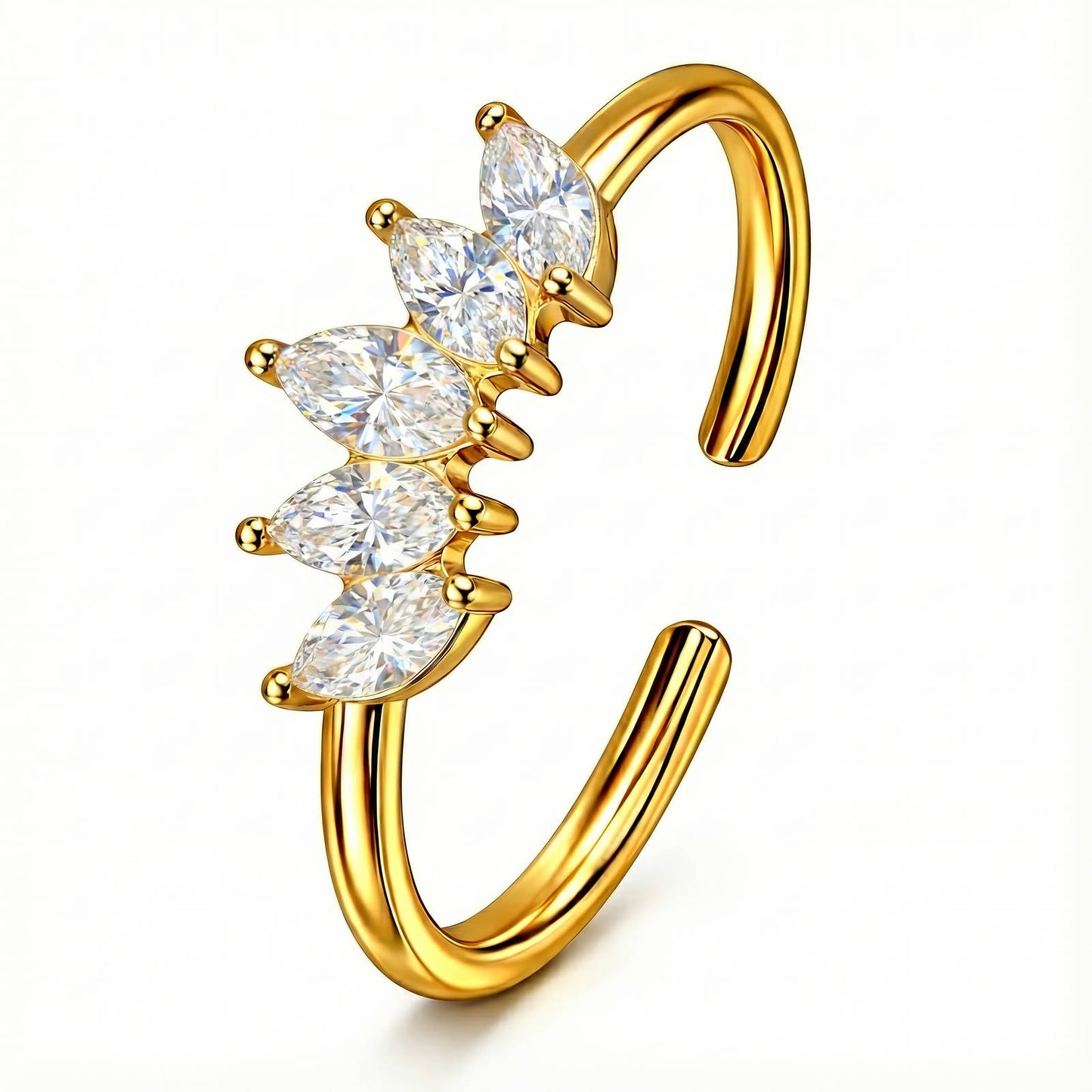 Gold nose ring with clear gemstones on a white background