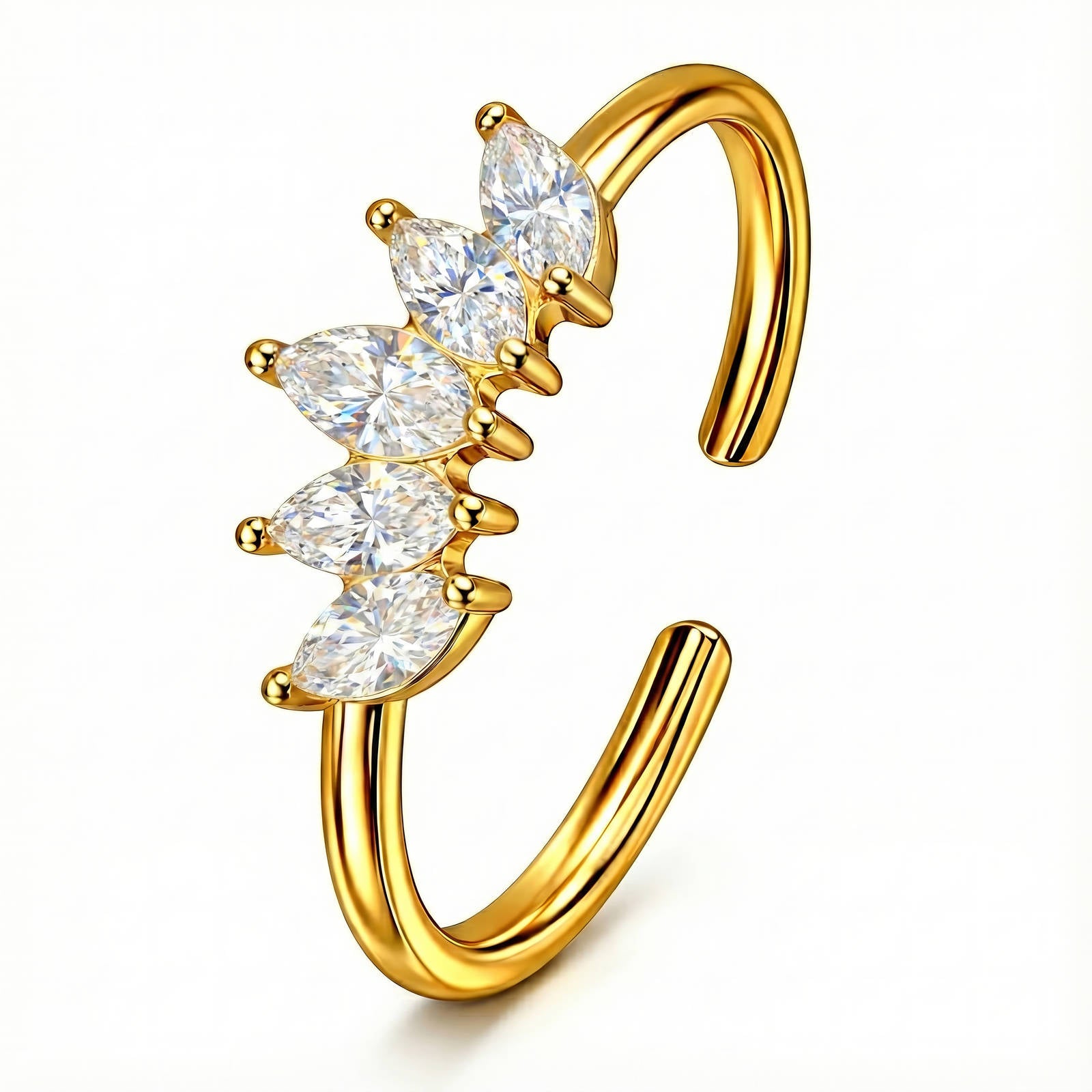 Gold nose ring with clear gemstones on a white background