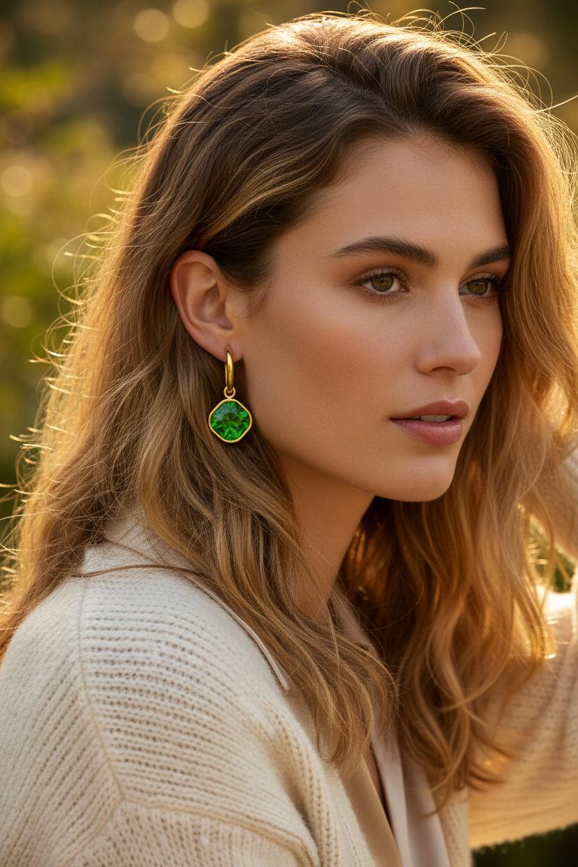 Emerald Green Cushion-Cut CZ Huggie Drop Earrings 18K Gold Plated