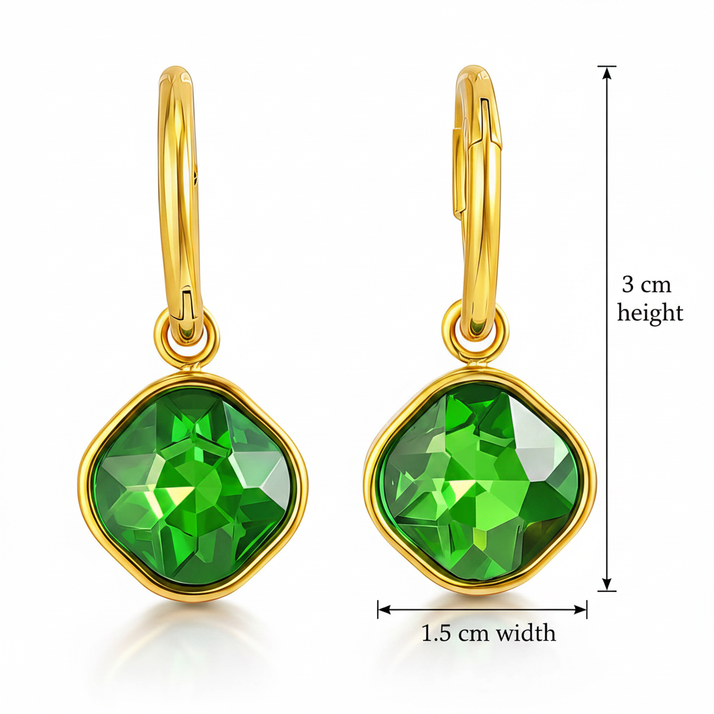 Gold earrings with green gemstones and measurements on a white background