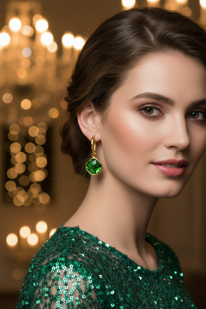 Emerald Green Cushion-Cut CZ Huggie Drop Earrings 18K Gold Plated