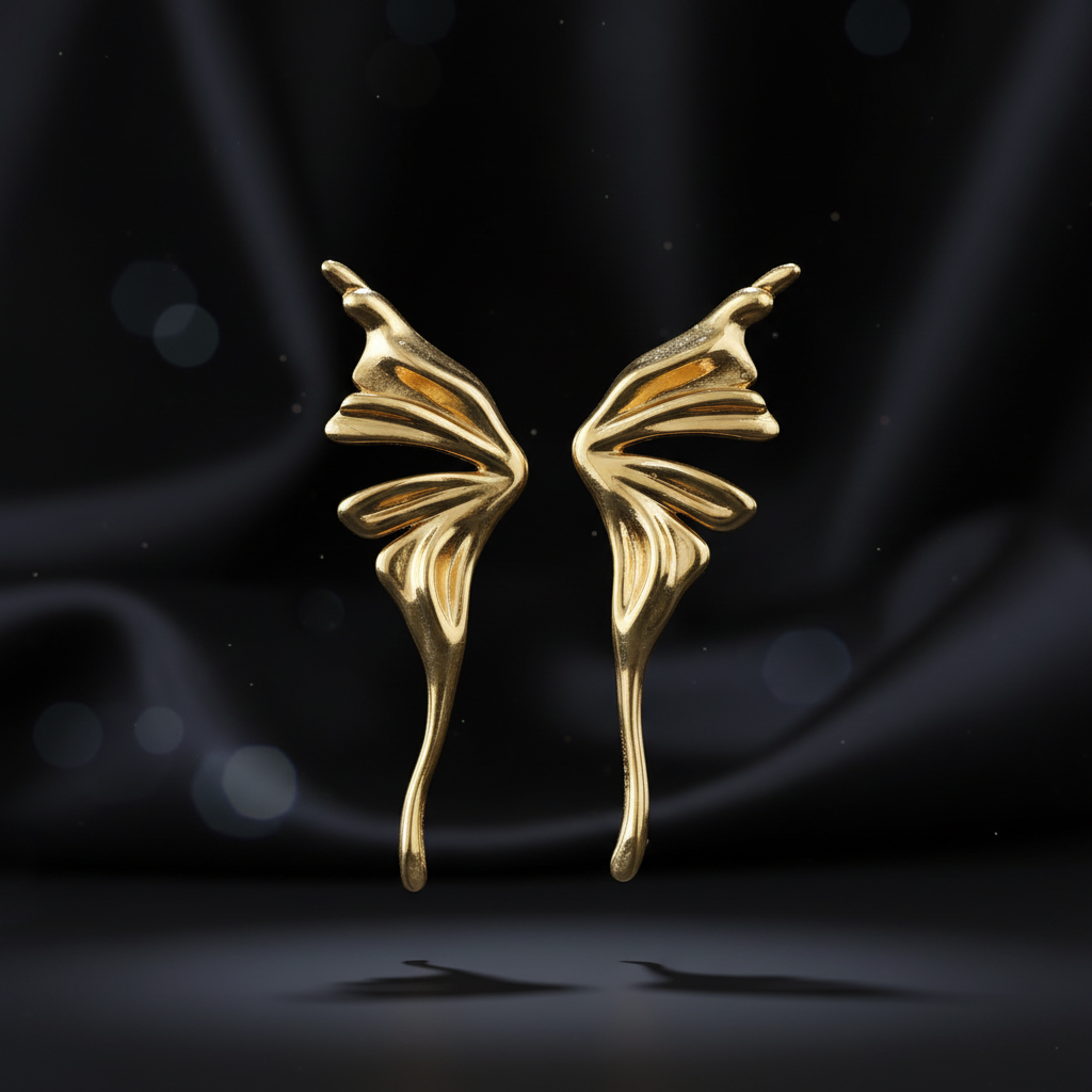 Gold butterfly-shaped earrings on a dark background
