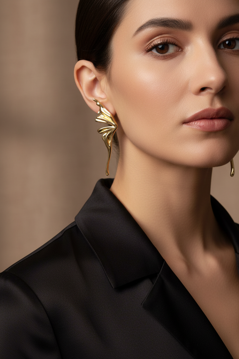 Woman wearing gold earrings against a neutral background