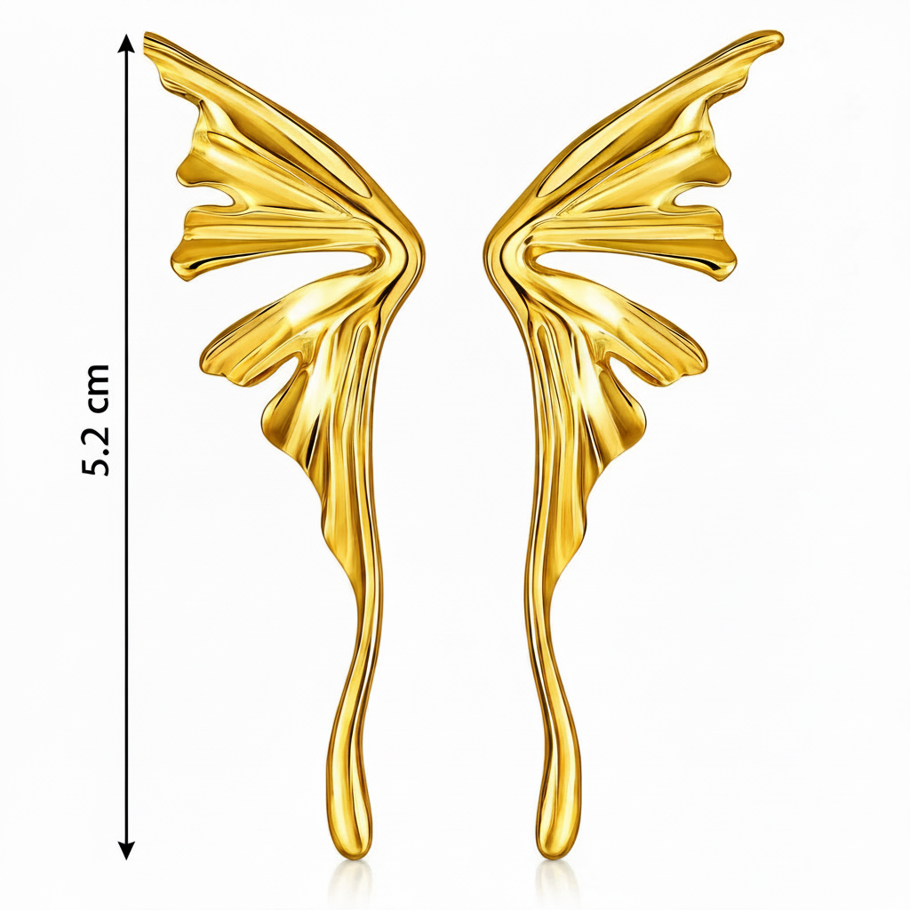 Gold wing-shaped earrings with a measurement label on a white background