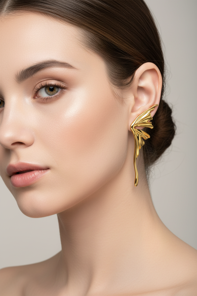 Close-up of a woman wearing a gold leaf-shaped earring against a neutral background