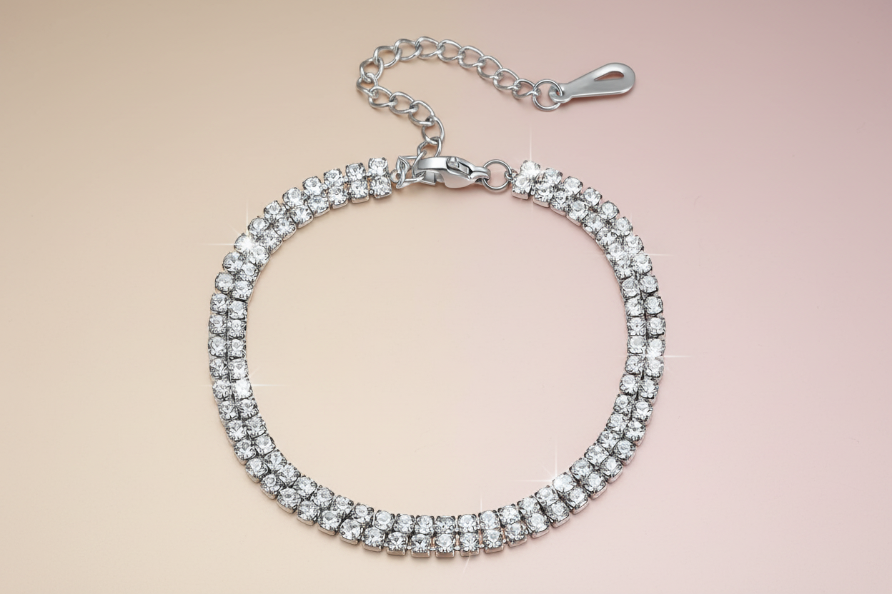 CZ Silver bracelet with clear stones on a beige background