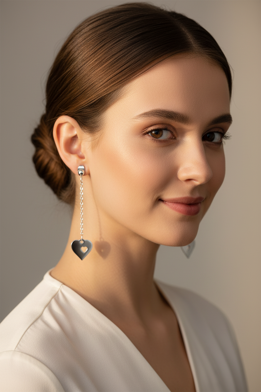 Woman wearing heart-shaped earrings with a neutral background