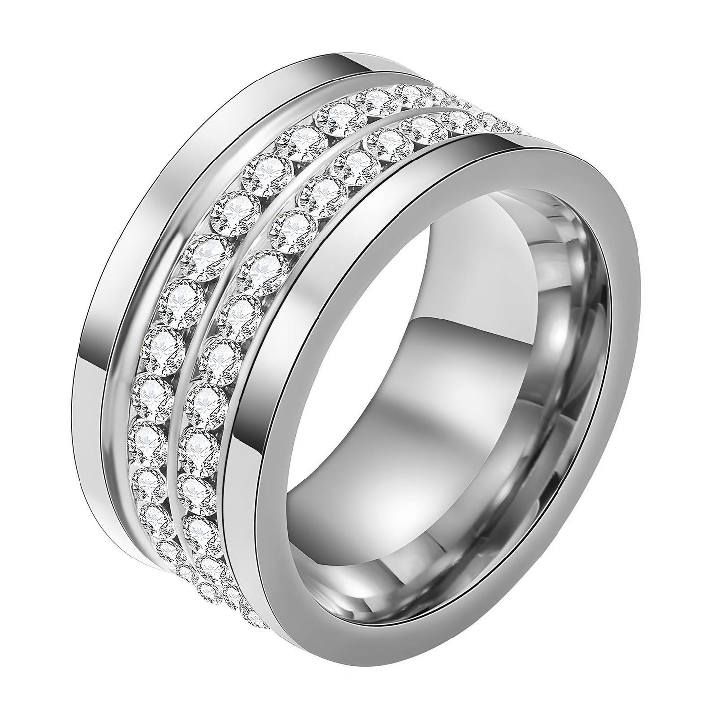 Silver ring with multiple rows of clear gemstones on a white background