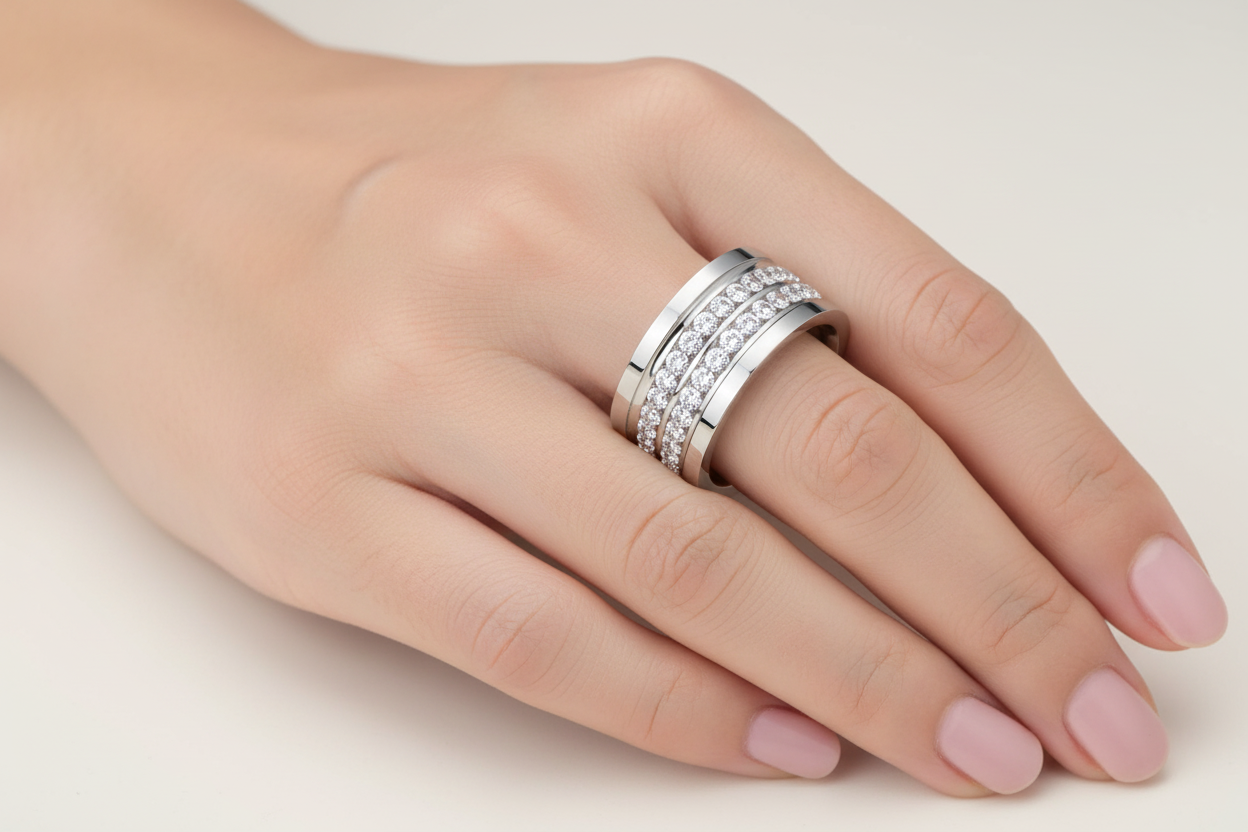 Double Row CZ Channel-Set Wide Band Ring | Silver | Stainless Steel