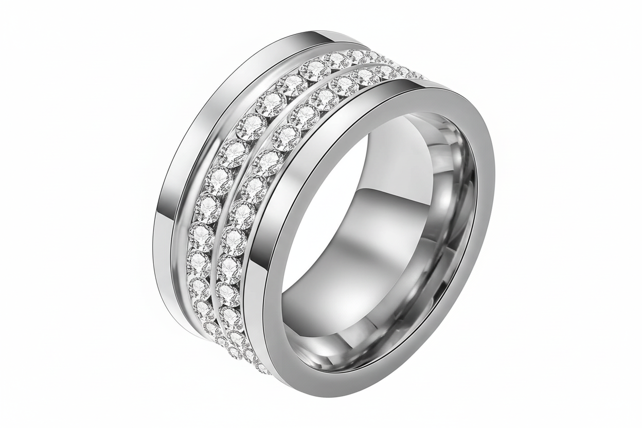 Double Row CZ Channel-Set Wide Band Ring | Silver | Stainless Steel