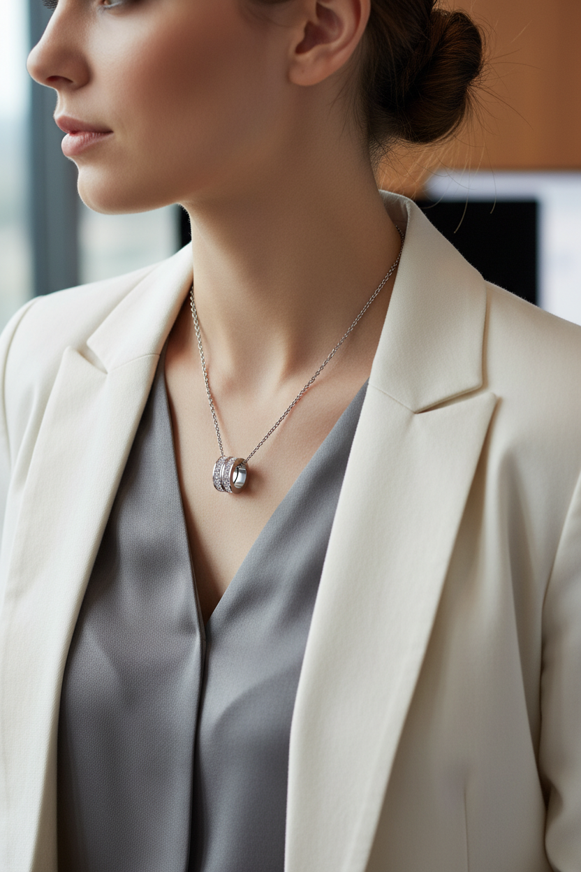 Woman wearing a water proof necklace, blurred background