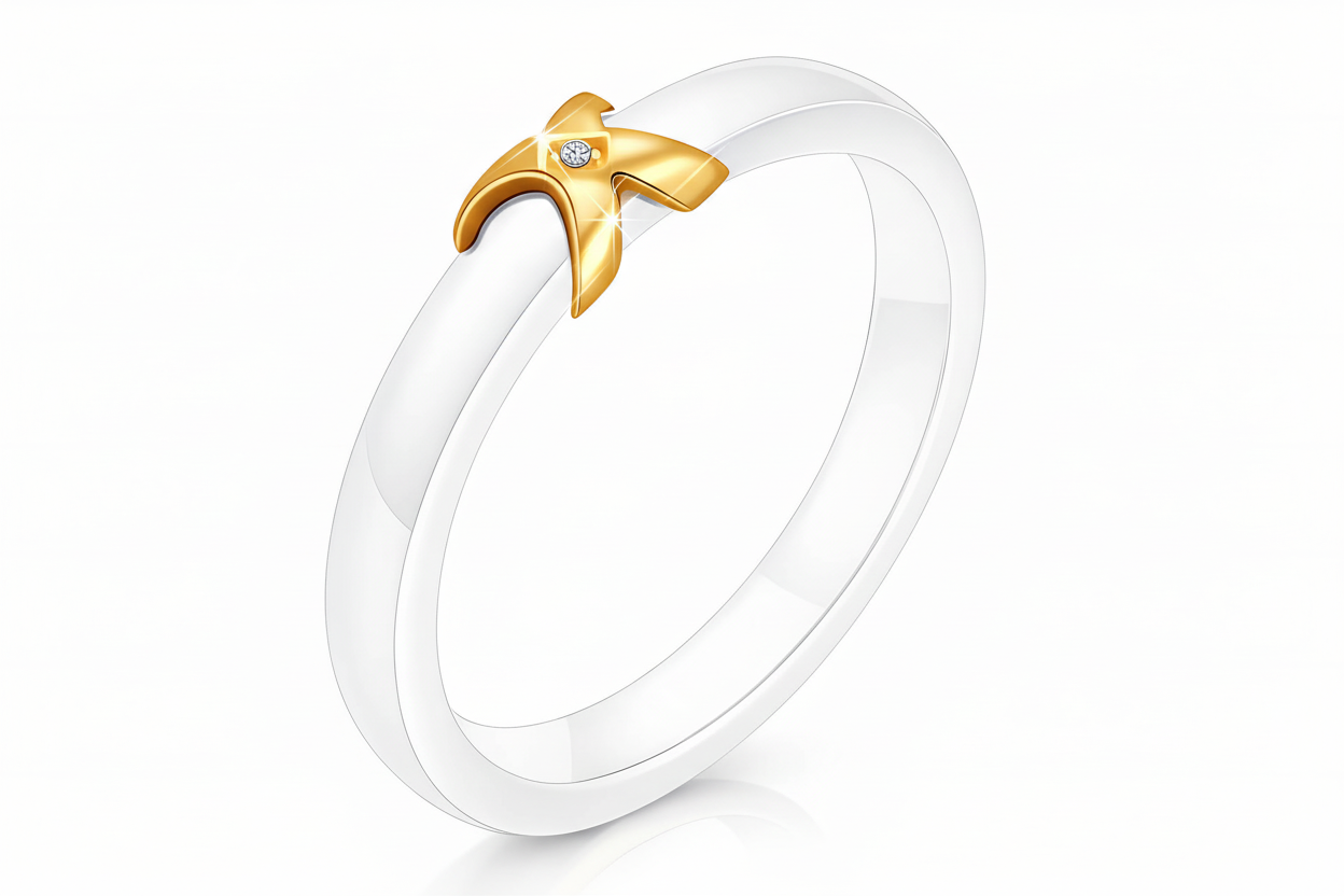 White ring with 18k gold plated anti tarnish accent on a white background