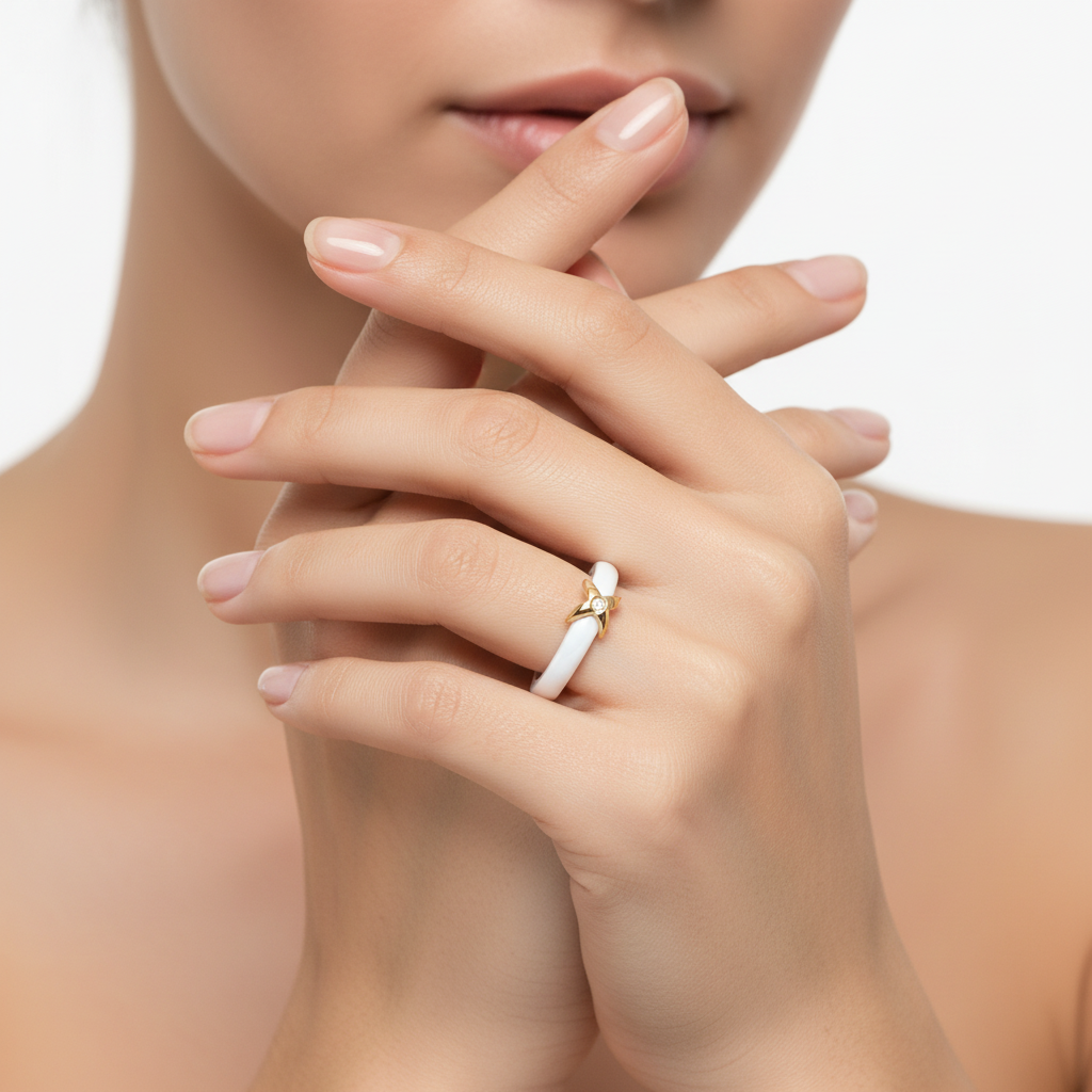 Close-up of a woman's hand wearing a white gold plated ring with a white stone on a neutral background