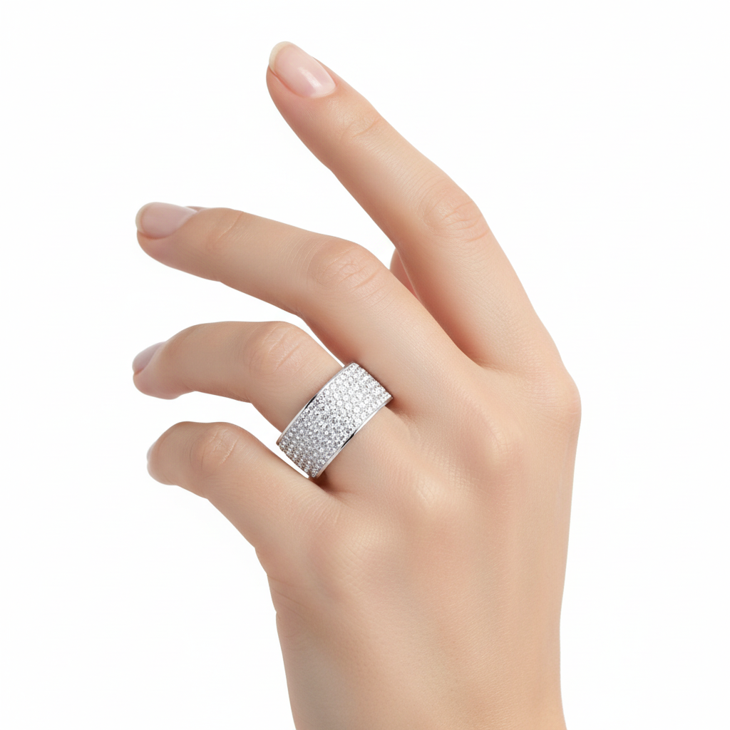 Full Pave CZ Wide Band Ring | Silver | Stainless Steel