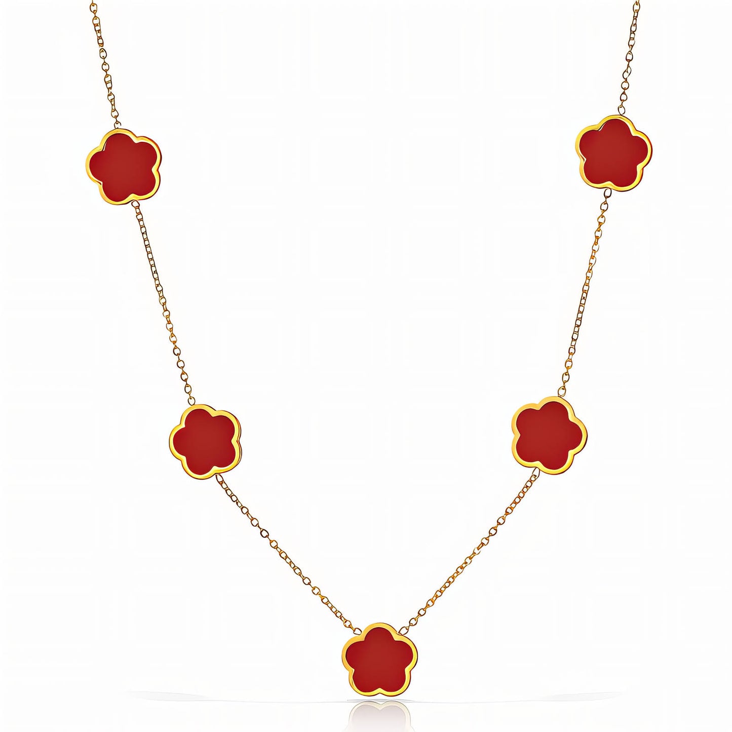 18k gold plated Necklace with red flower-shaped pendants on a white background