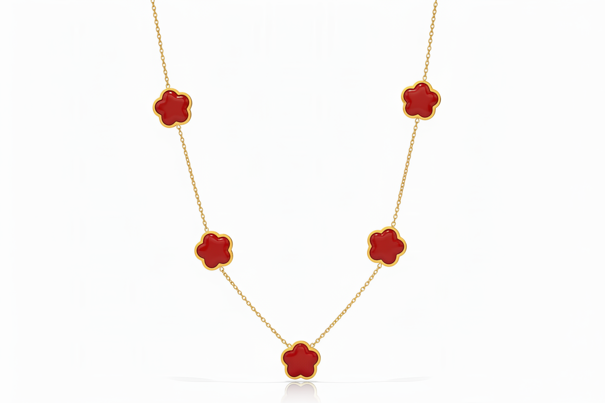 Red Enamel Clover Station Necklace | 18K Gold Plated