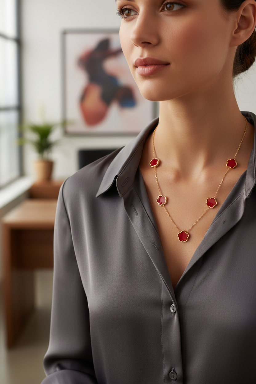 Woman wearing a anti tarnish red flower shape necklace