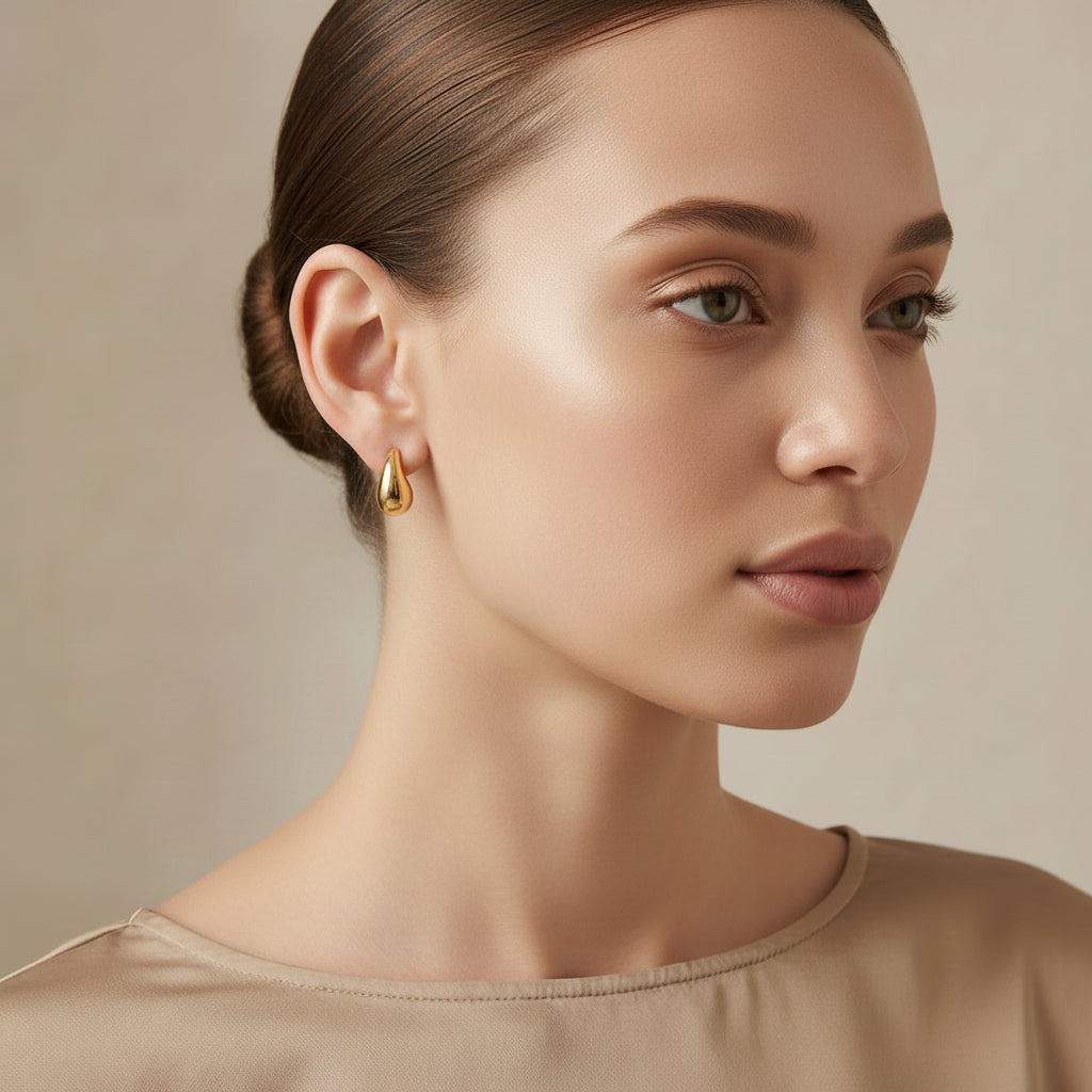 Woman wearing gold earrings against a neutral background