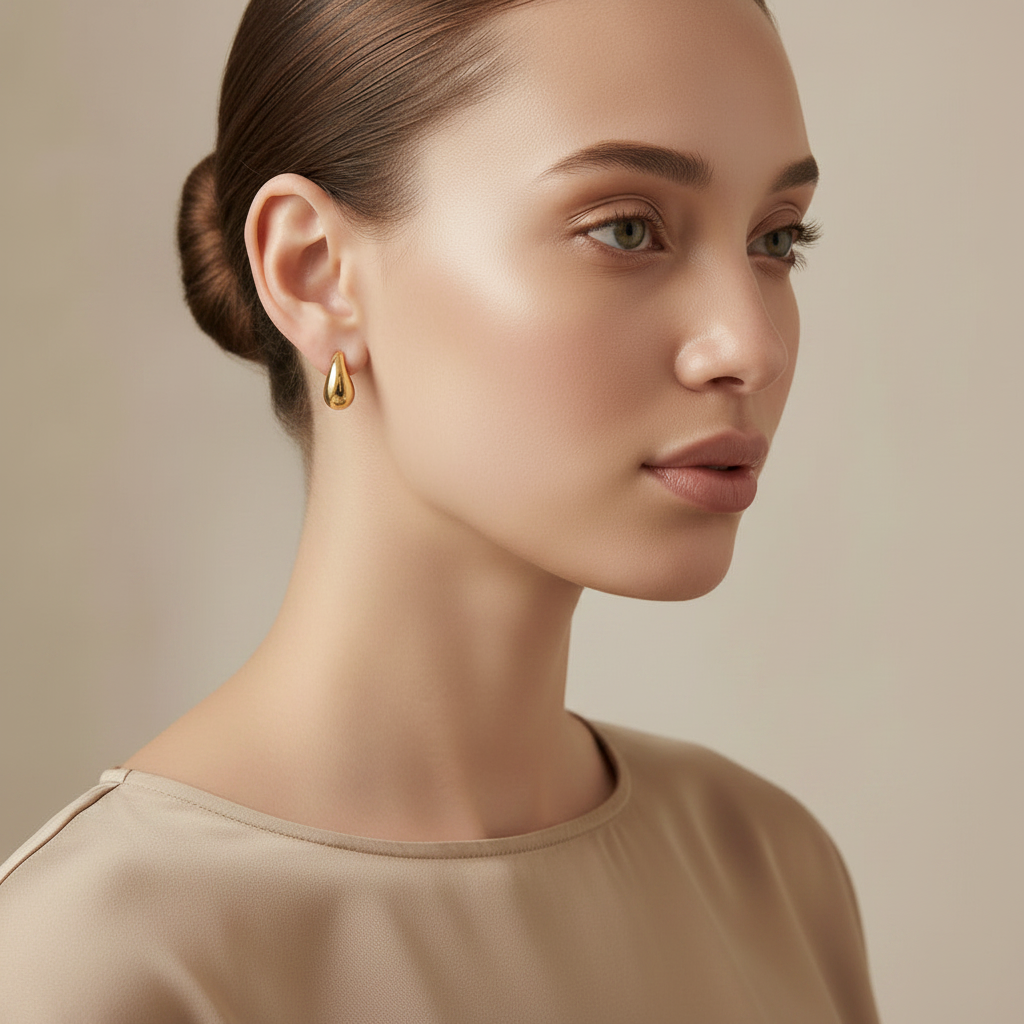 Woman wearing a gold earring against a neutral background