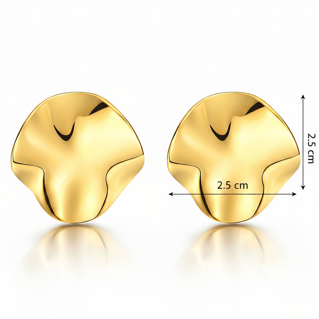 Gold earrings with a measurement label on a white background