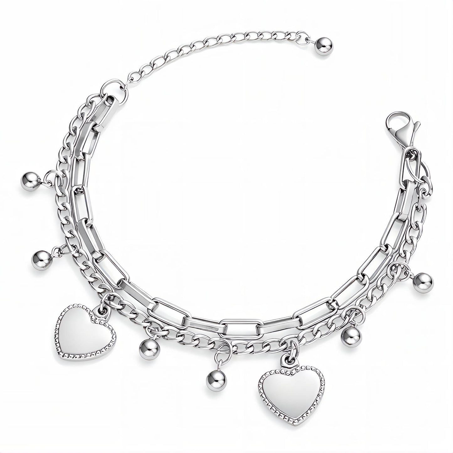Silver bracelet with heart charms on a white background