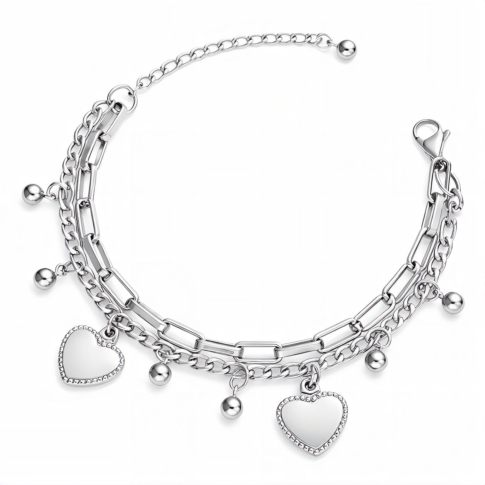 Silver bracelet with heart charms on a white background