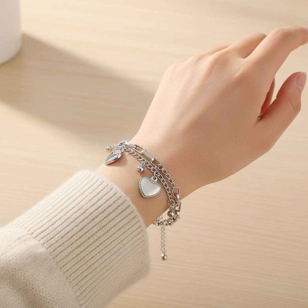 Hand wearing a silver bracelet with heart charm on a beige background