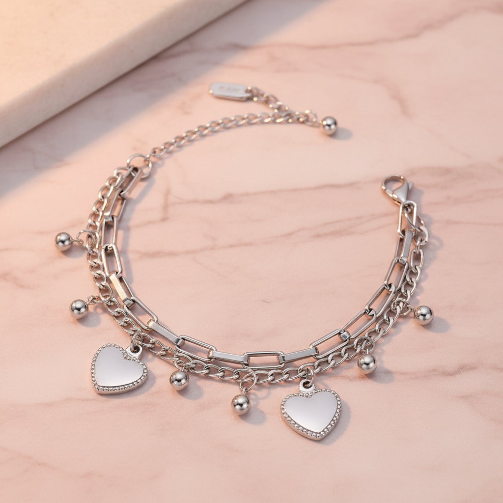 Silver bracelet with heart-shaped charms on a light pink surface