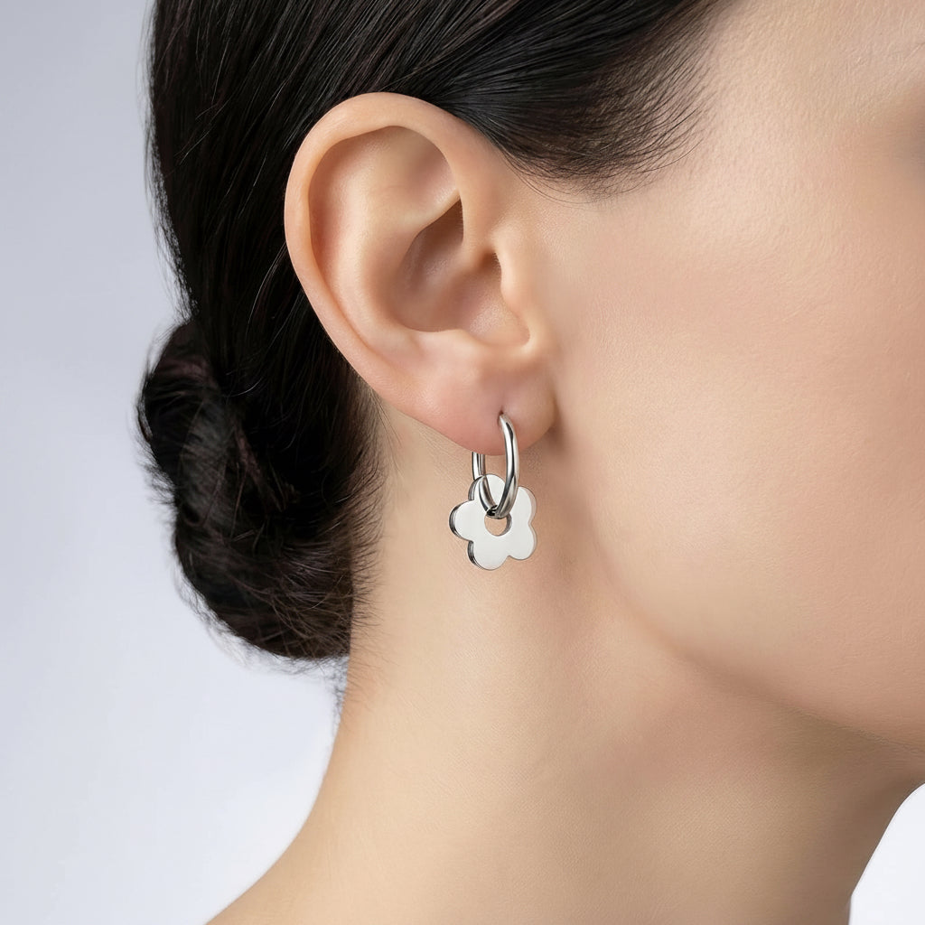 Five-Petal Flower Charm Huggie Hoop Earrings | Silver | Stainless Steel