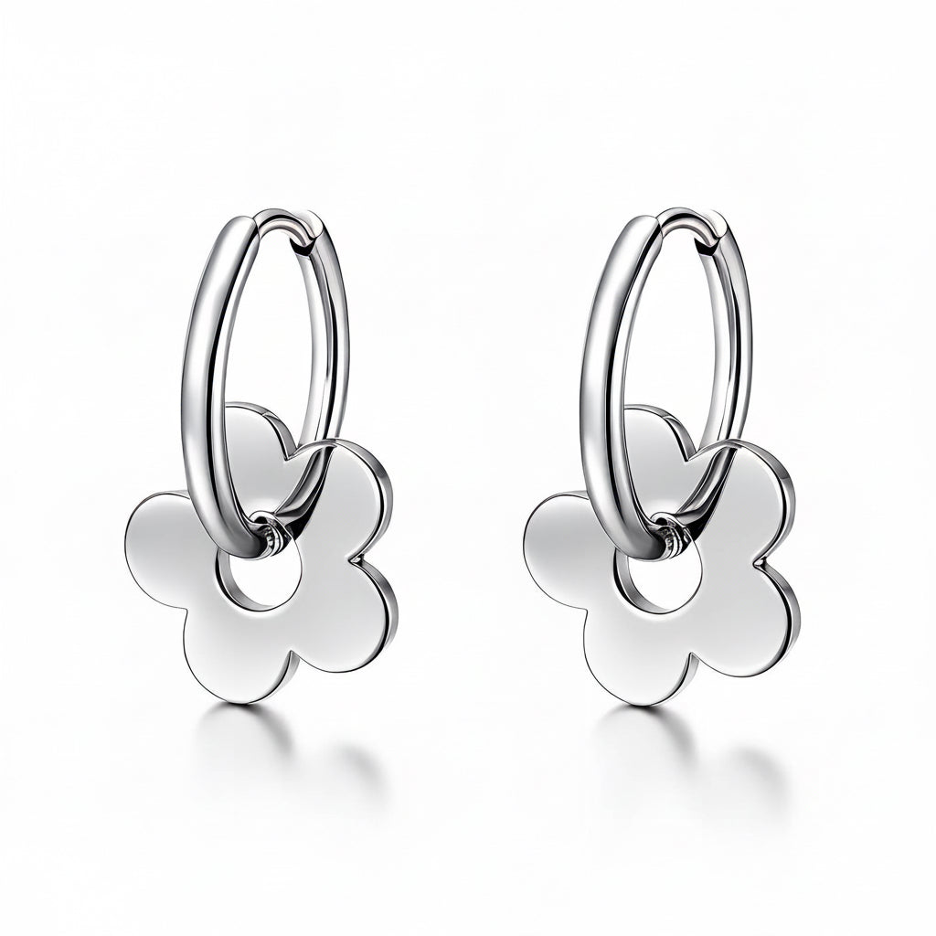 Five-Petal Flower Charm Huggie Hoop Earrings | Silver | Stainless Steel