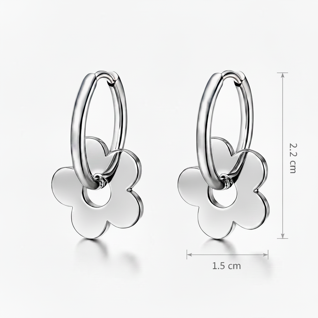 Five-Petal Flower Charm Huggie Hoop Earrings | Silver | Stainless Steel