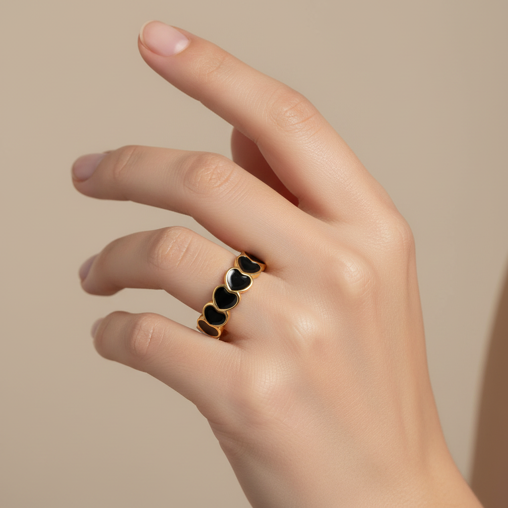 Black Enamel Heart Band Ring | 18K Gold Plated | Adjustable
