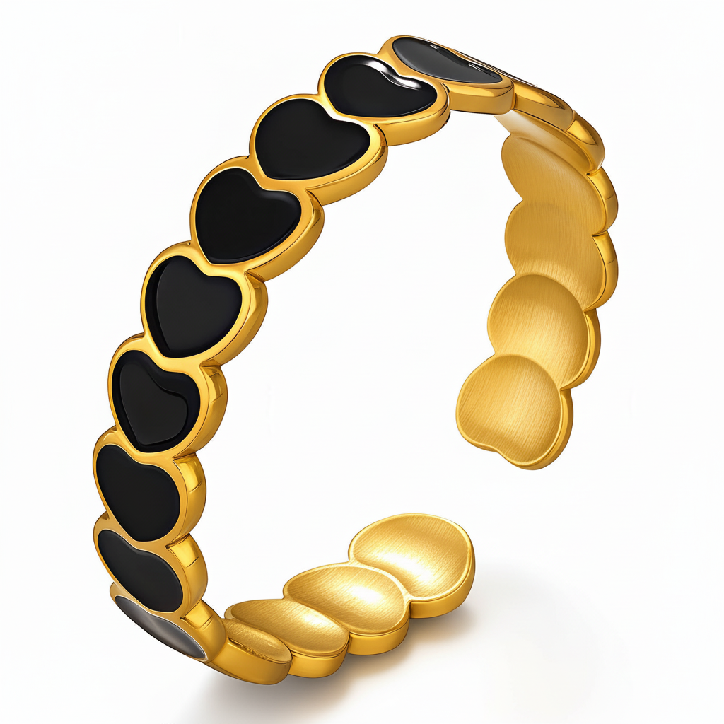 Black Enamel Heart Band Ring | 18K Gold Plated | Adjustable